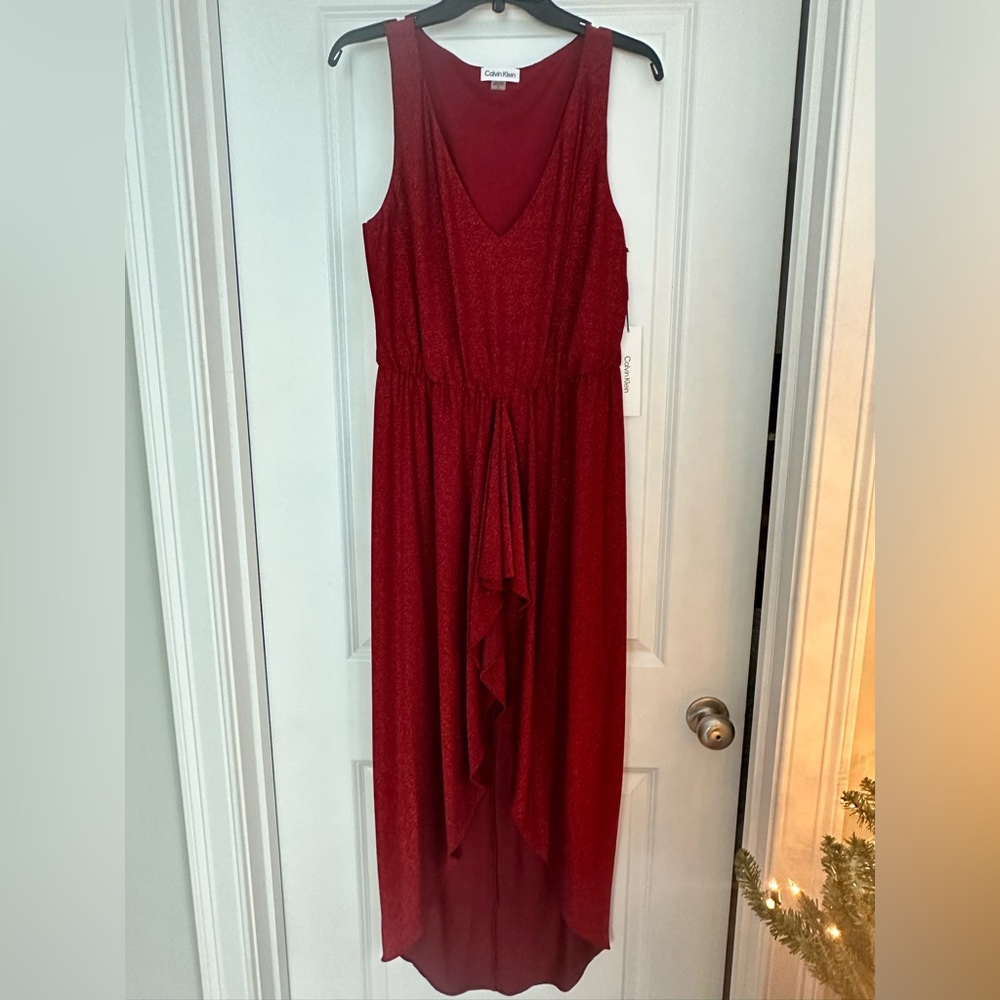 Red Calvin Klein Glitter Knit Runched Dress, NWT!